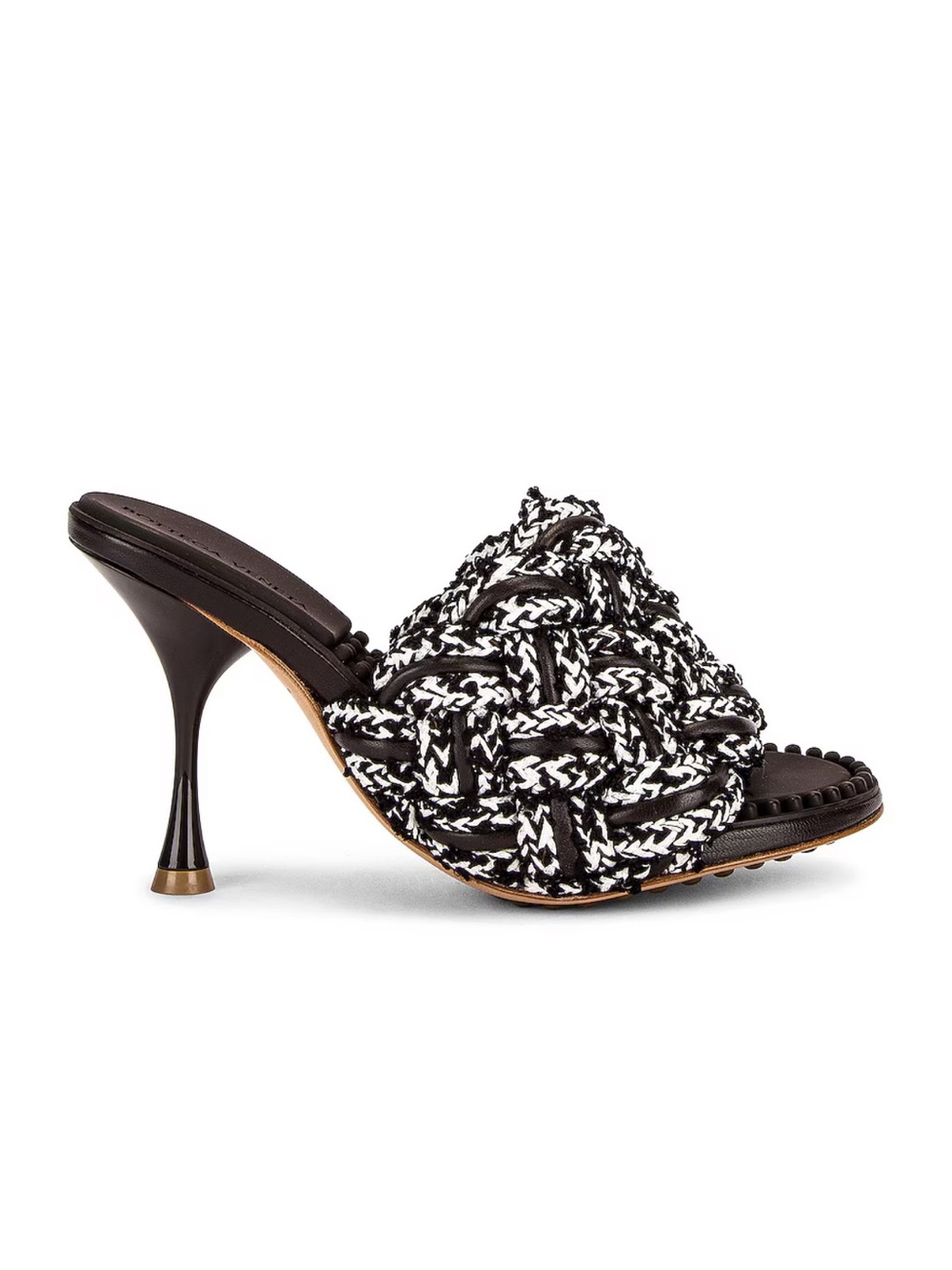 Bottega Veneta Black, Brown and White Braided Slide Dot Mule Heels